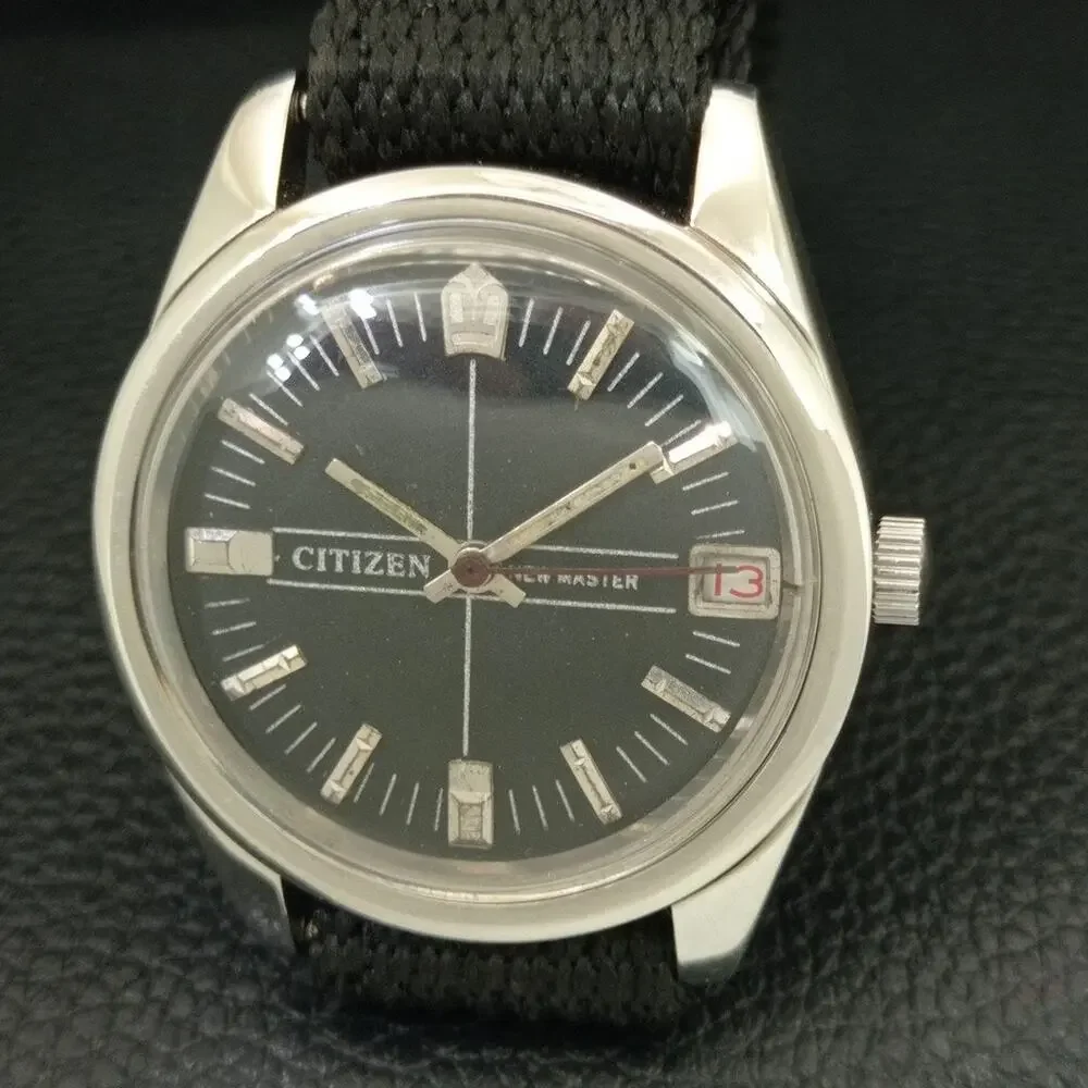 Vintage 1985 Citizen Manual Wound Mens Silver Watch W/Date & Black accents